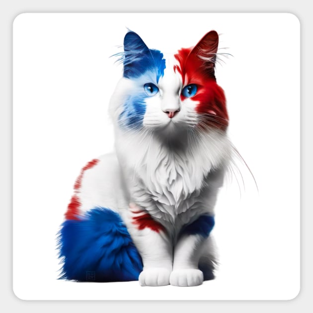 [AI Art] Red, blue and white fluffy Kitty Cat Magnet by Sissely